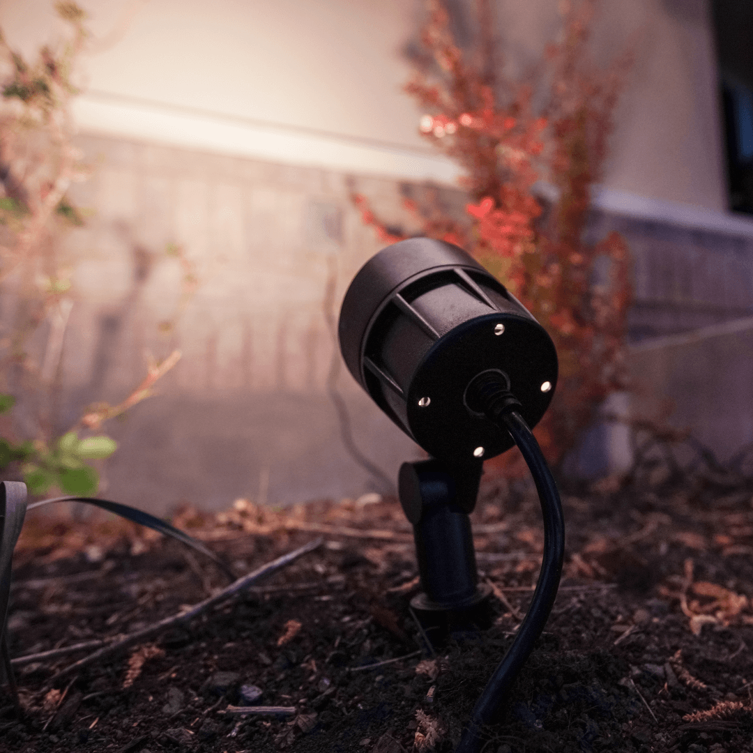 Landscape lighting illuminates the side of a home at night.
