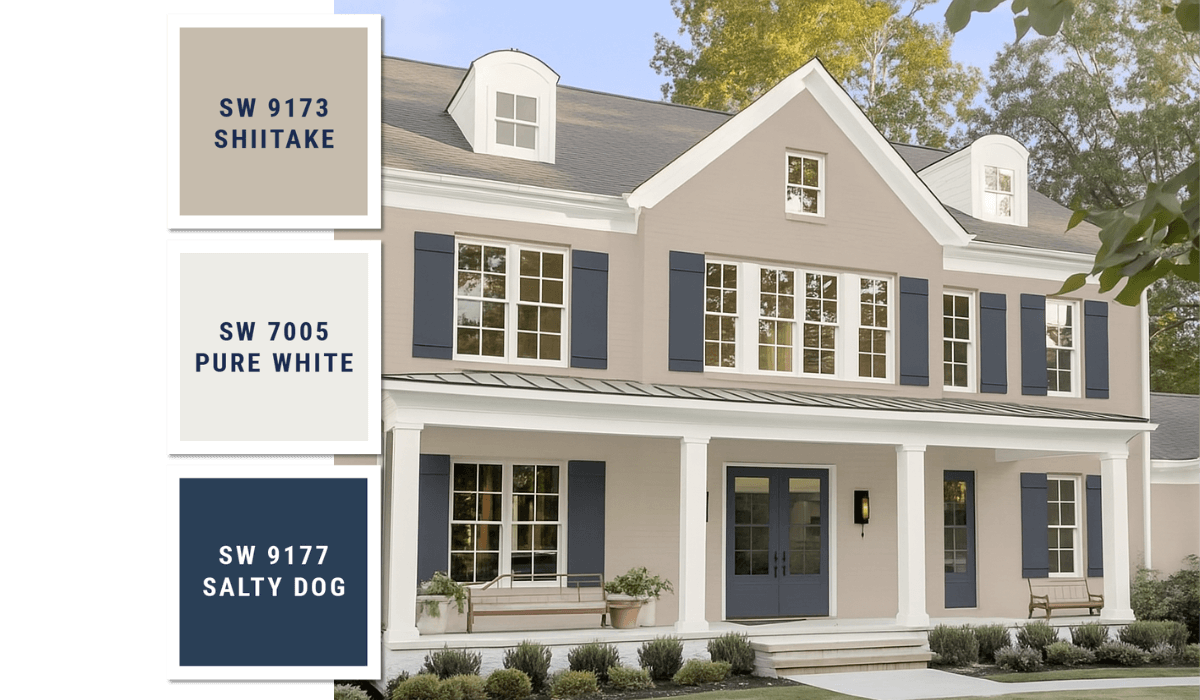Shiitake, Pure White and Salty Dog color swatches are displayed to show a palette with maximum curb appeal. 