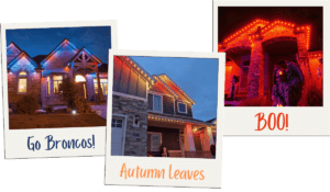 Three polaroid style images of fall holiday lighting ideas: Denver Broncos colors, fall colors and Halloween colors.