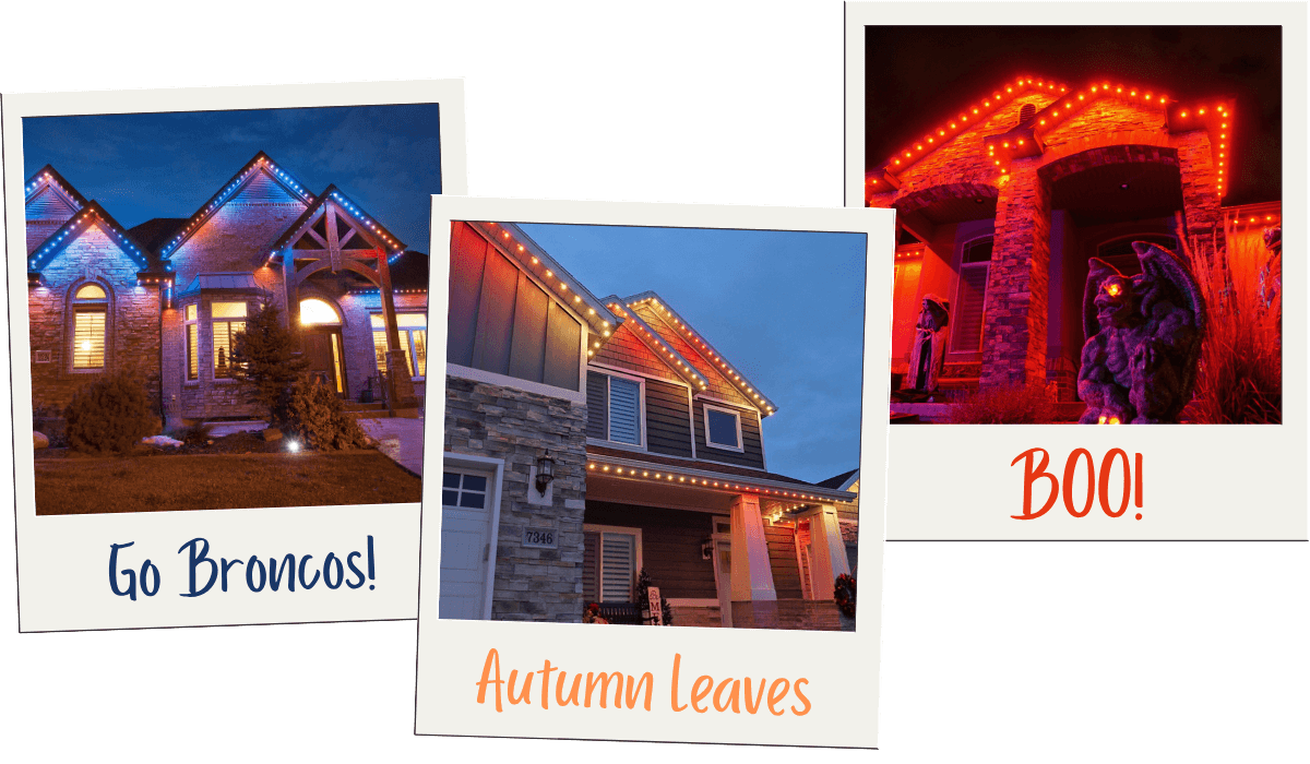 Three polaroid style images of fall holiday lighting ideas: Denver Broncos colors, fall colors and Halloween colors. 