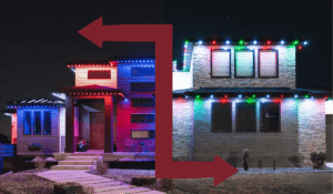 A before and after split photo showing the same home with two different holiday lighting ideas, one with red and blue and one with green and red.