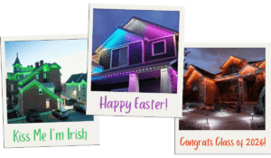 Three polaroid style images of spring holiday lighting ideas: St. Patrick's green, Easter and school colors.