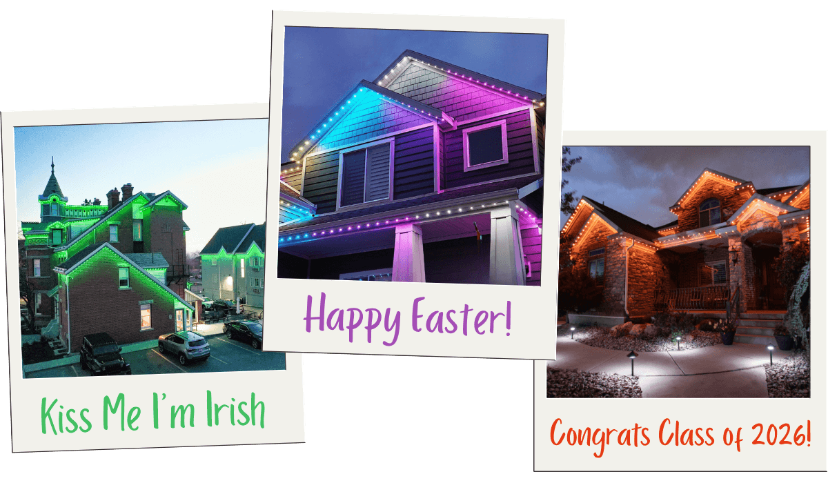 Three polaroid style images of spring holiday lighting ideas: St. Patrick's green, Easter and school colors. 