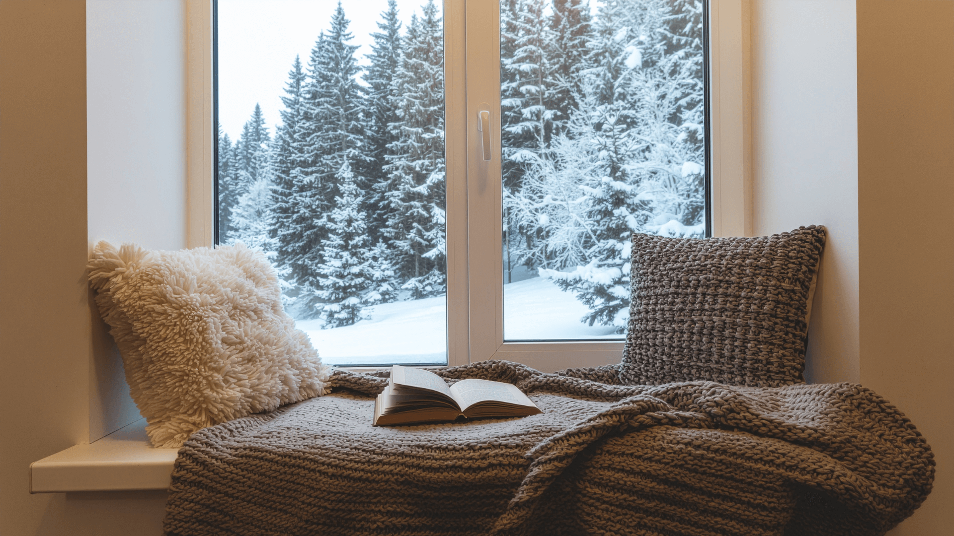 A book sits on a blanket in a window seat overlooking a snowy winter day.